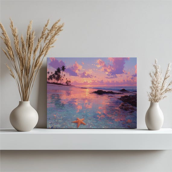 Tropical Sunset Beach Canvas Wall Art Coastal Decor Ocean Painting Palm Tree Print Seascape Starfish Gift Landscape