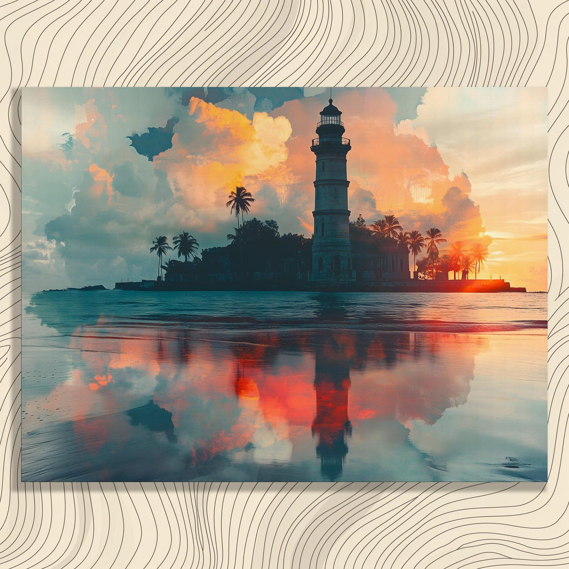Tropical Lighthouse Sunset Ocean Reflection Palm Island Art Poster