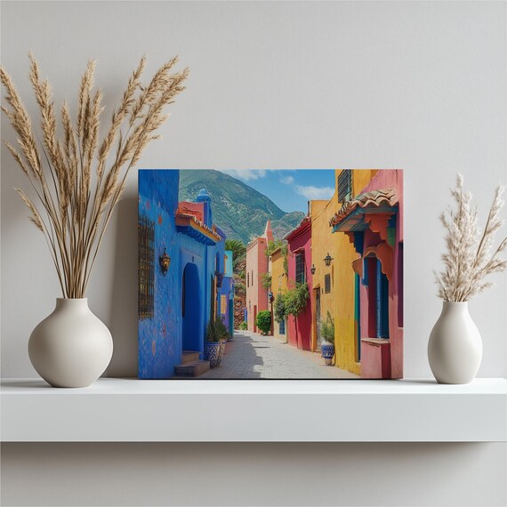 Colorful Blue and Pink Street with Mountain Backdrop Town Art Poster