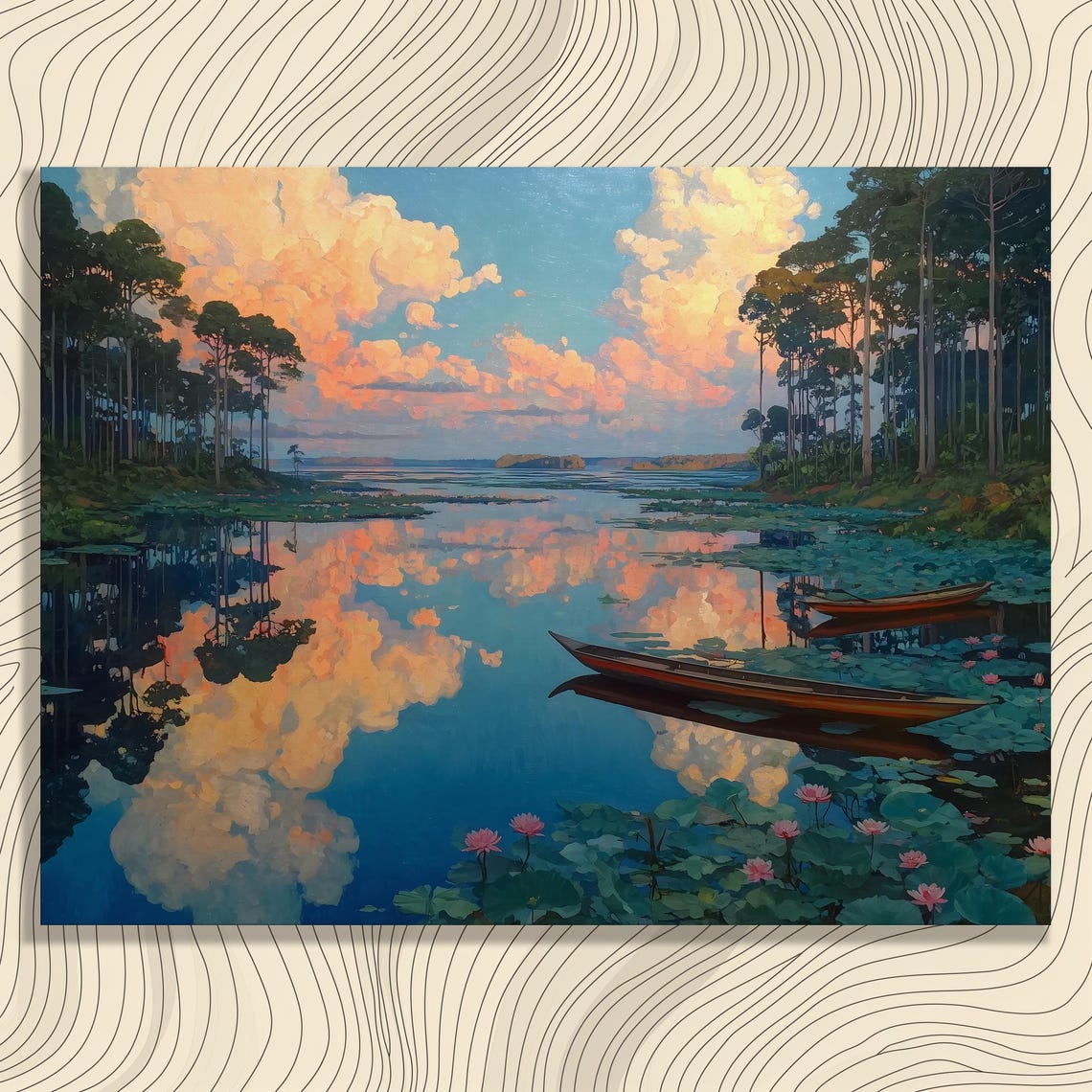 Lakeside Boats Sunset Water Lilies Tranquil Lake Landscape Poster