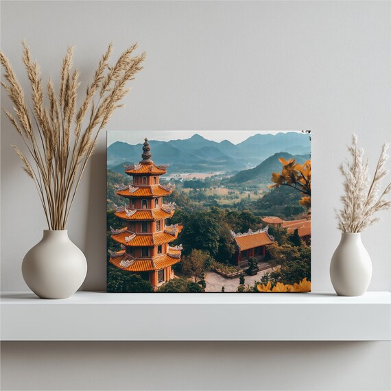 Orange Pagoda Tower Among Green Mountains Asian Temple Photo Poster