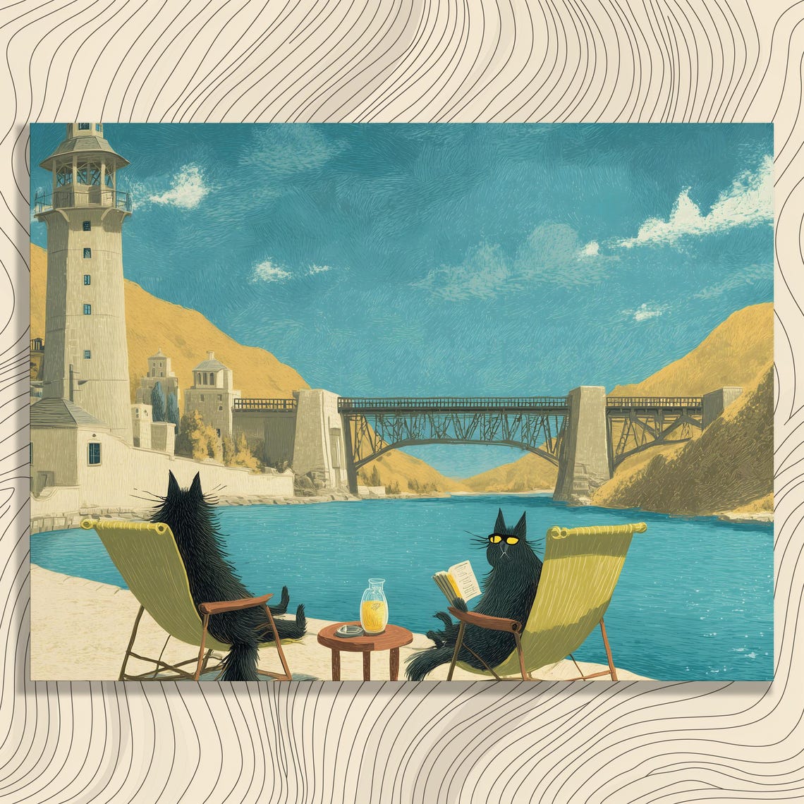 Black Cats Beach Lighthouse Whimsical Coastal Humor Art Poster