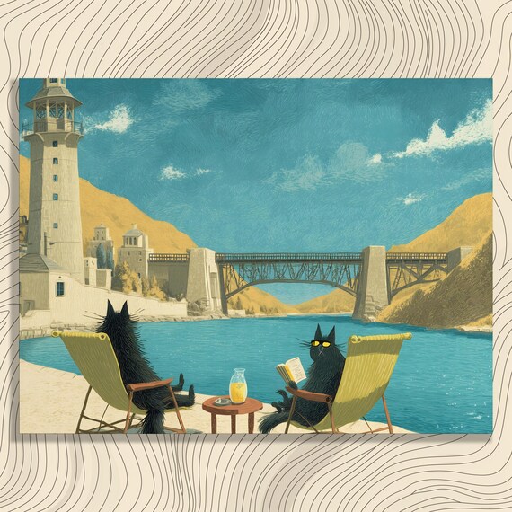 Black Cats Beach Lighthouse Whimsical Coastal Humor Art Poster