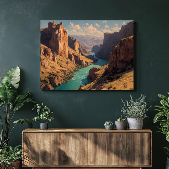 Canyon River Canvas Wall Art Sunlit Desert Landscape Print Turquoise Decor Rustic Nature Artwork Colorful Cliffs Scenic
