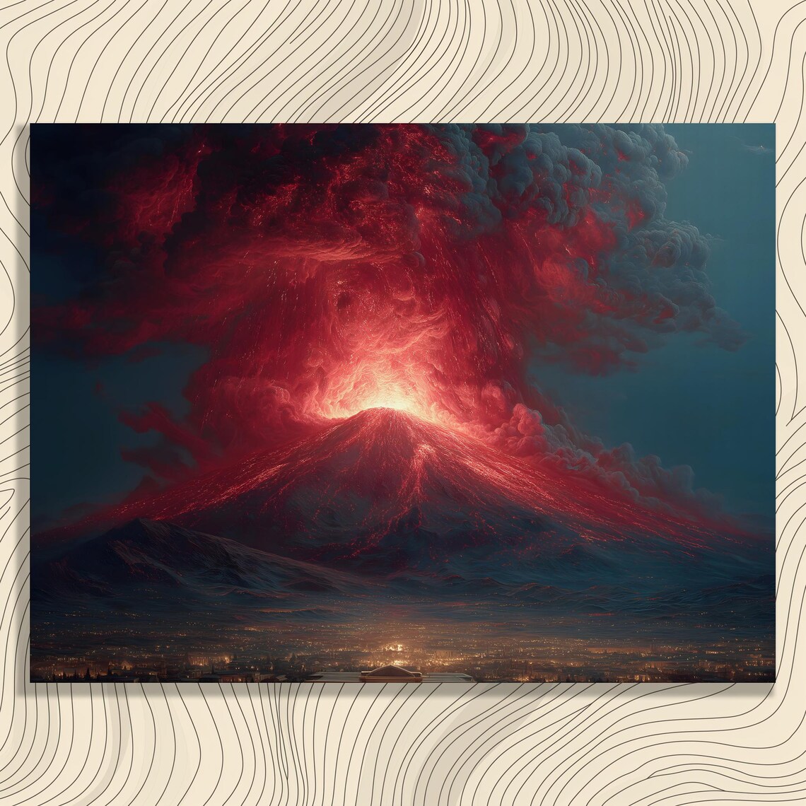 Erupting Volcano Night Lava Red Sky City Lights Landscape Wall Art