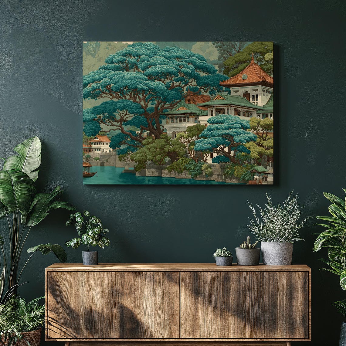 Asian Temple On Lake Serene Teal Tropical Landscape Wall Art