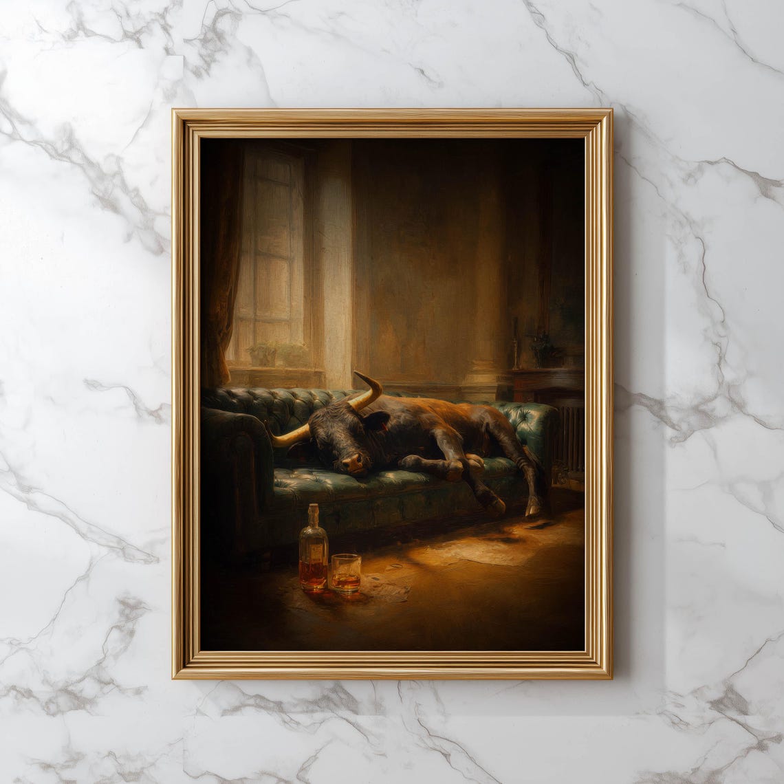 Relaxed Longhorn Bull On Leather Sofa Moody Whiskey Lounge Poster