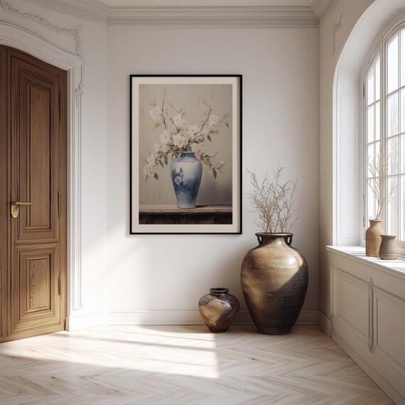 White Blossoms Blue Vase Botanical Still Life Vintage Art Poster