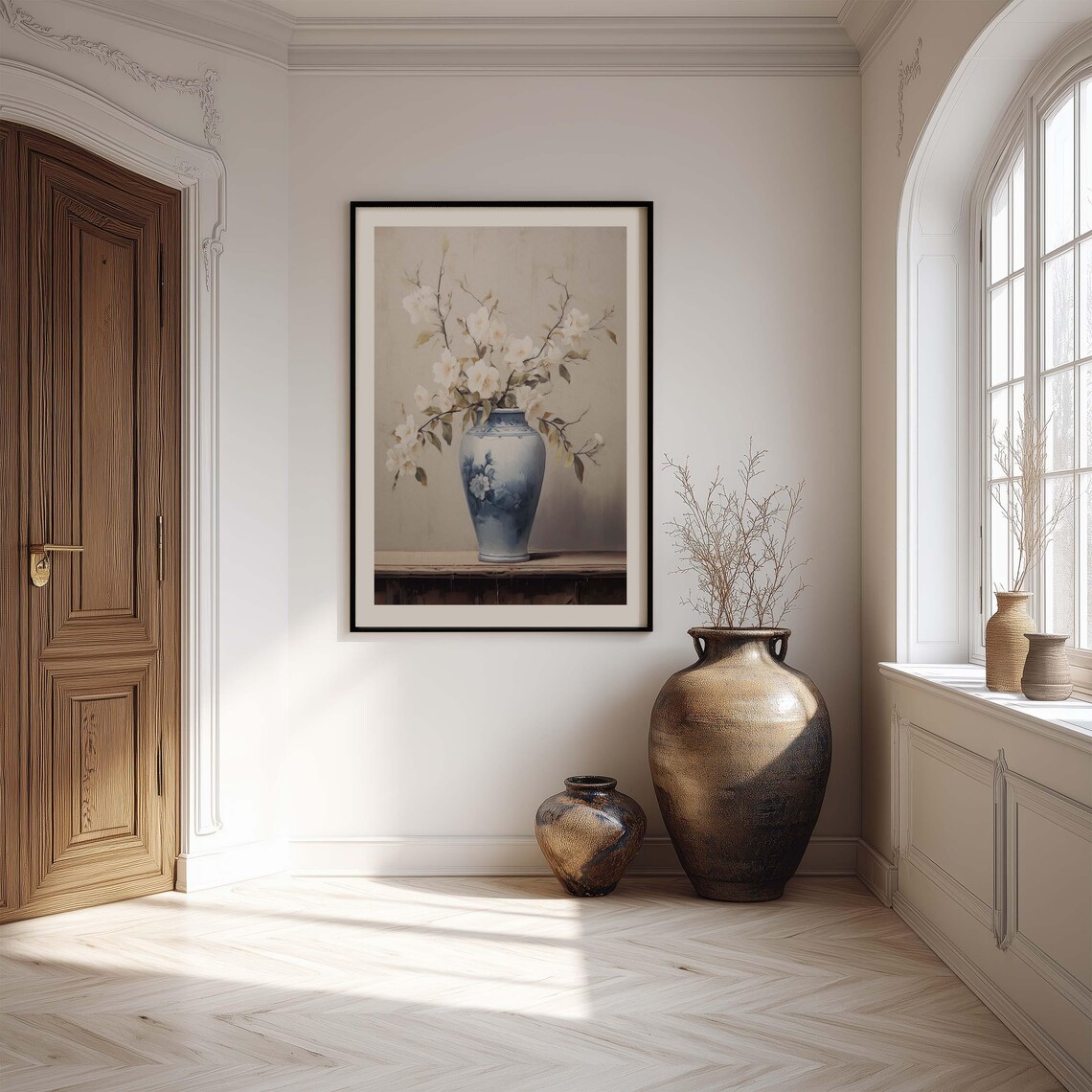 White Blossoms Blue Vase Botanical Still Life Vintage Art Poster
