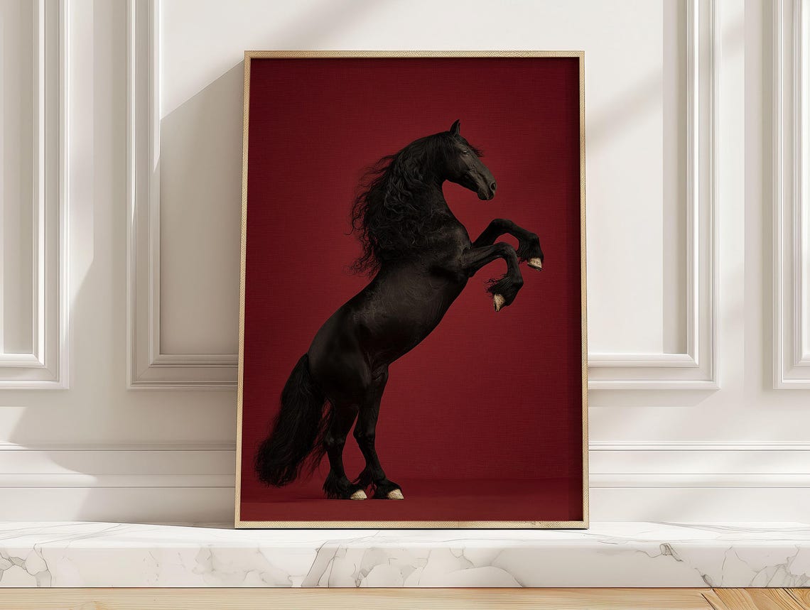 Rearing Black Horse on Deep Red Background Equestrian Poster