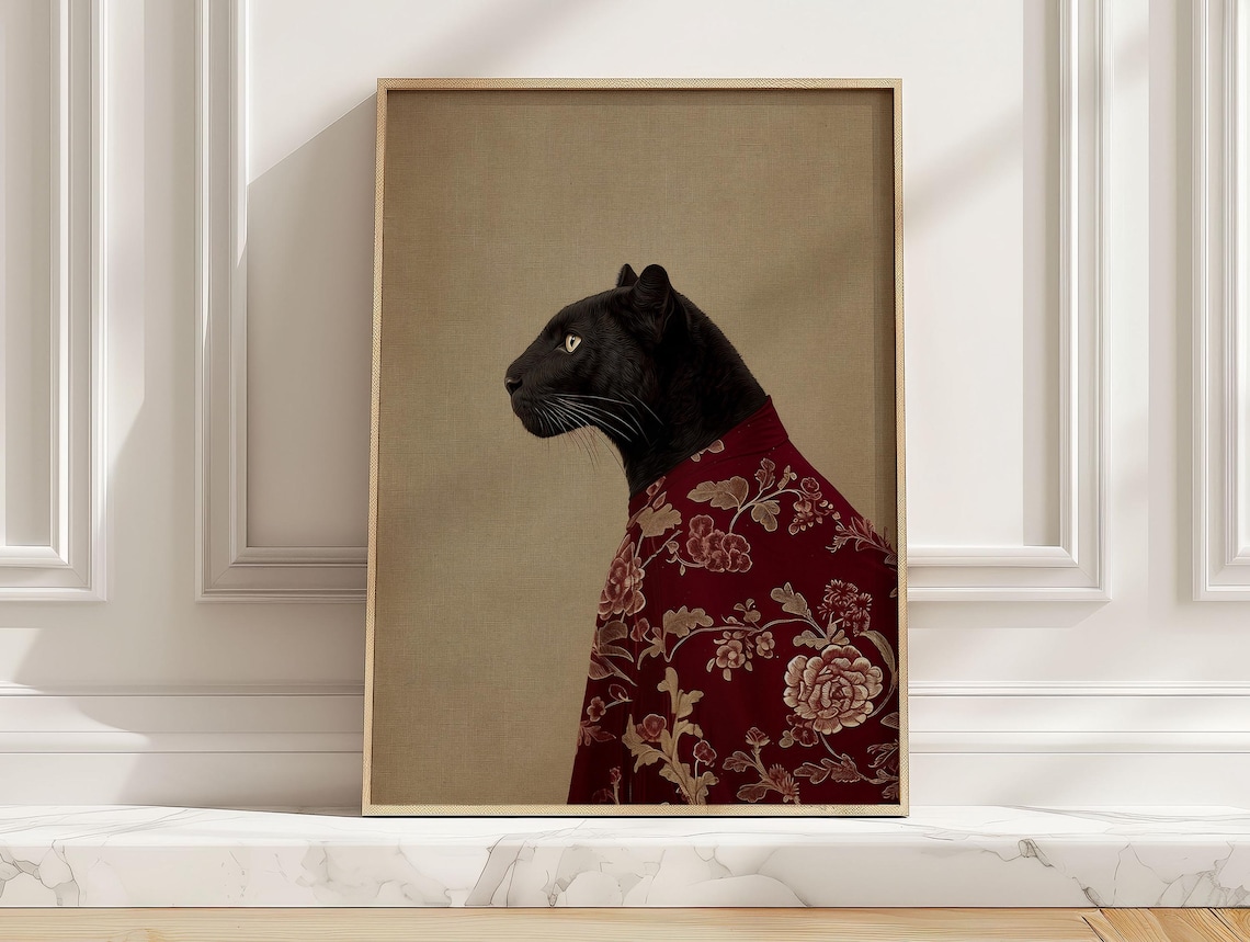Black Panther Portrait Art Print, Regal Floral Robe