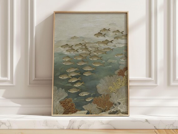 Abstract Reef Fish Art Print Vintage Tropical Sea Life Poster Coastal Bathroom Wall For Beach House