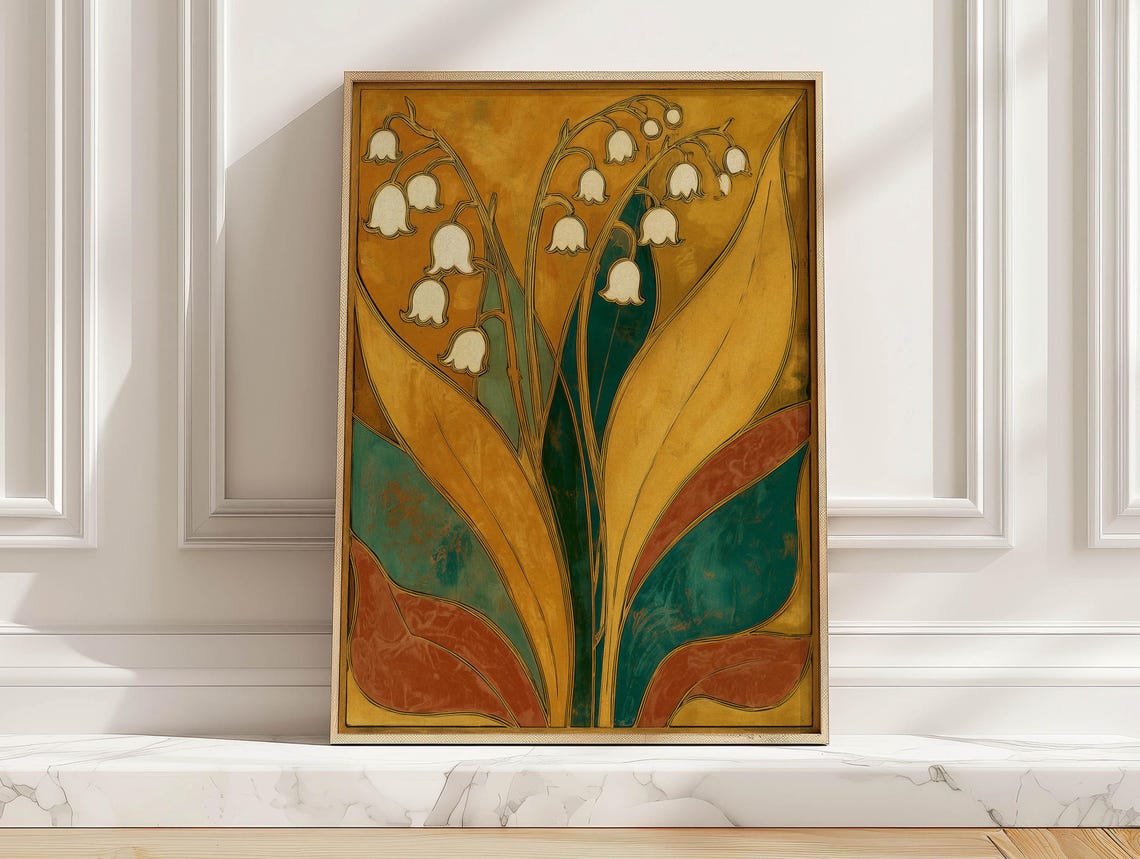 Lily of the Valley Art Nouveau Botanical Mustard Gold Floral Wall Art