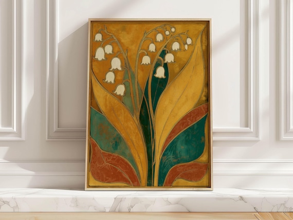Lily of the Valley Art Nouveau Botanical Mustard Gold Floral Wall Art