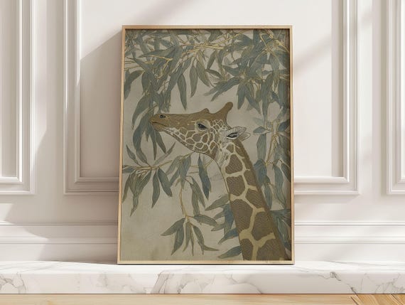 Giraffe Wall Art Print In Muted Greens Safari Animal Illustration With Hanging Foliage For Boys Girls Room