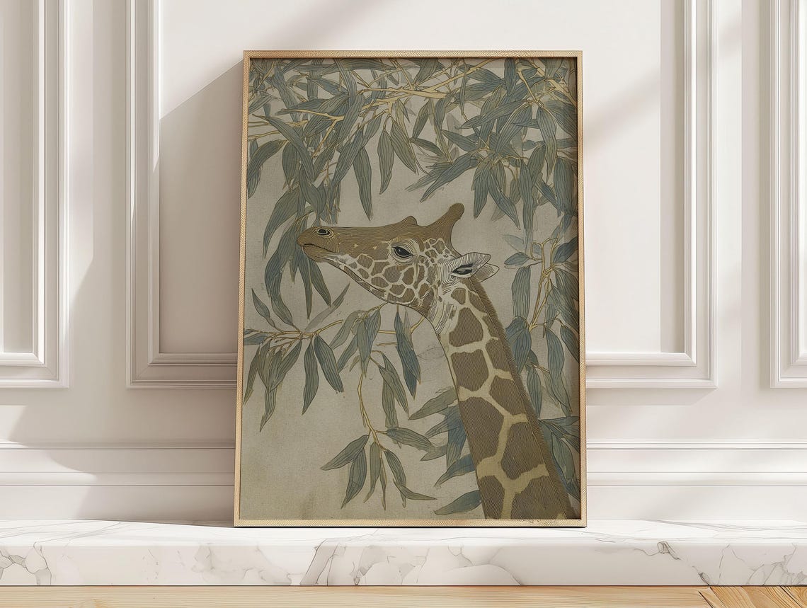 Giraffe Head Among Drooping Leaves Muted Green Vintage Poster