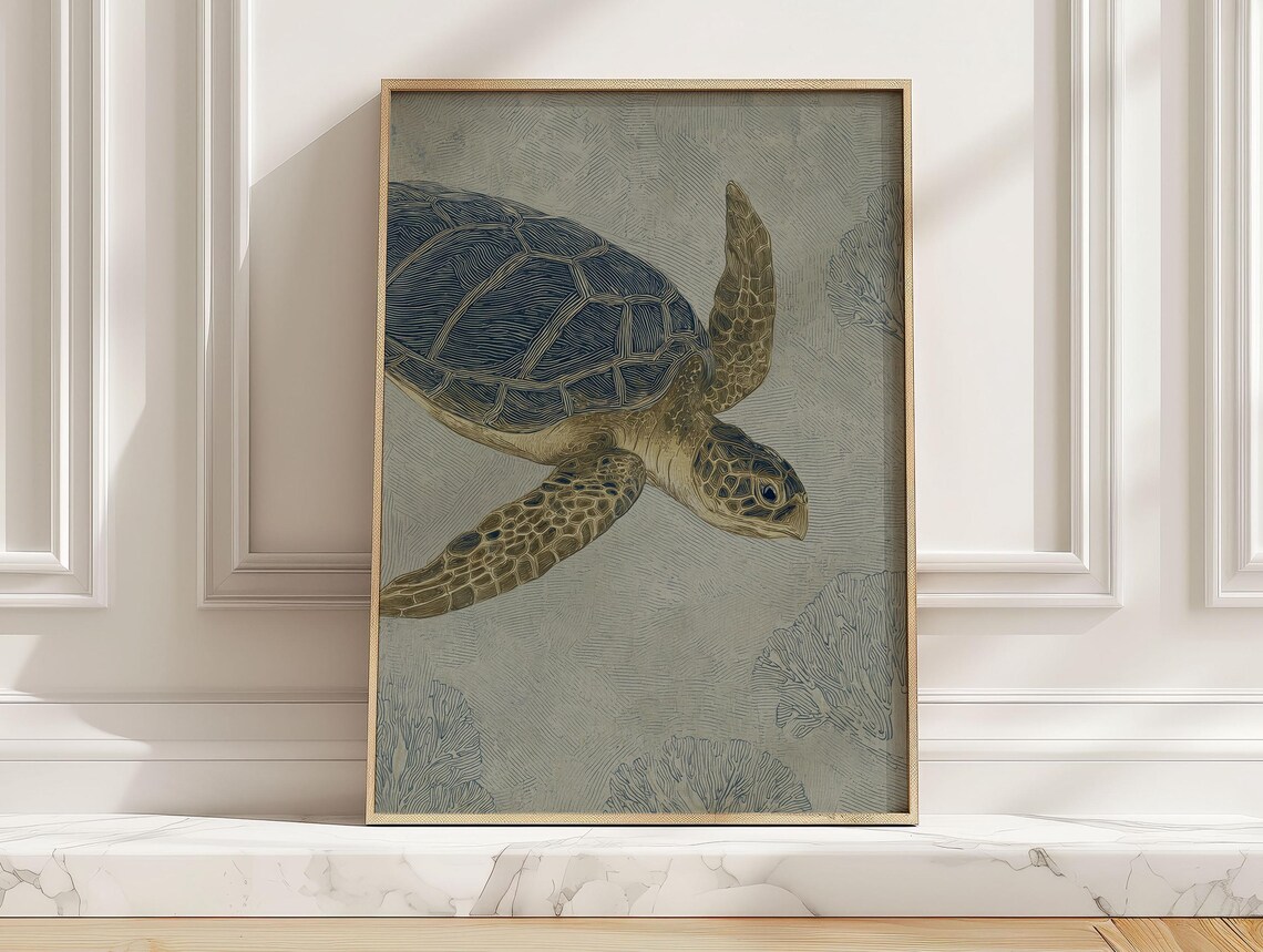 Minimal Sea Turtle Poster - Japanese Coastal Art Print