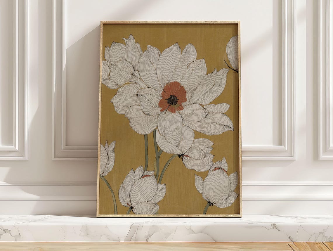 Cream Lotus Blossom on Ochre Vintage Japanese Botanical Poster