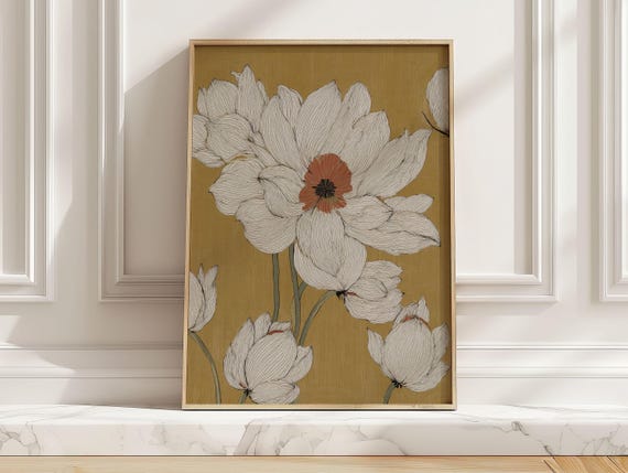 Cream Lotus Flowers On Ochre Art Print Vintage Japanese Style Bedroom Wall Neutral Botanical Line Drawing