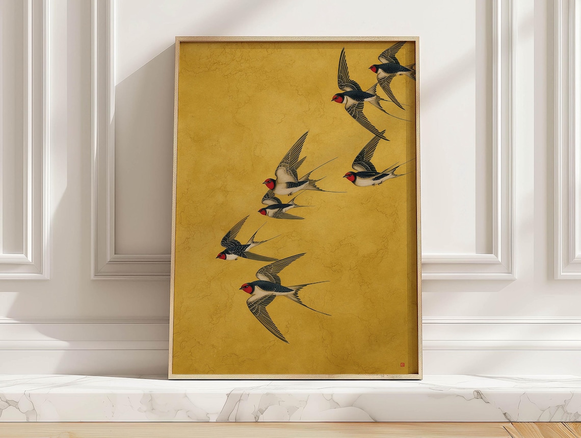 Minimal Swallow Flock Poster Print, Modern Japanese Birds