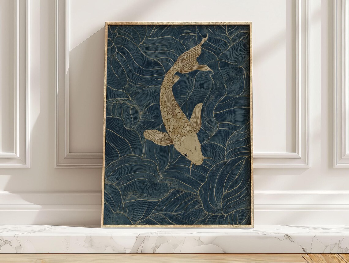 Navy Beige Koi Fish Swimming Japanese Woodblock Style Art Poster