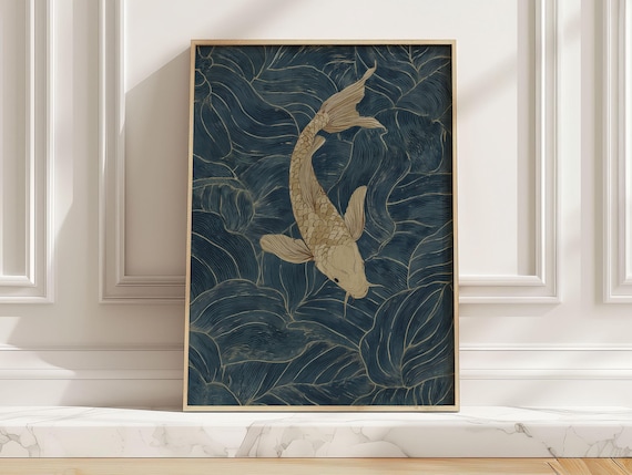 Navy Beige Koi Fish Swimming Japanese Woodblock Style Art Poster