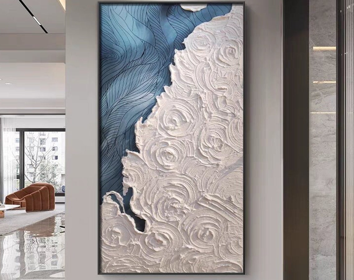 Abstract Blue Waves and White Textured Swirls Split Design Poster