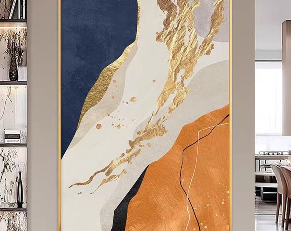 Navy Blue Gold Leaf Abstract Marble Vein Vertical Luxury Poster