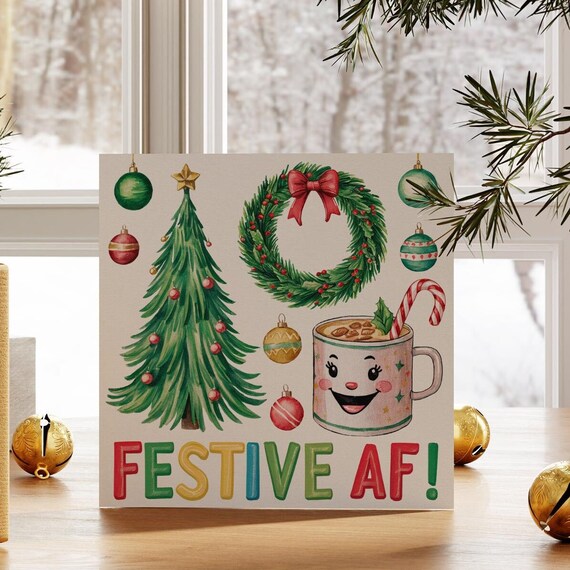 Festive AF Smiling Cocoa Mug Retro Christmas Tree Party Poster
