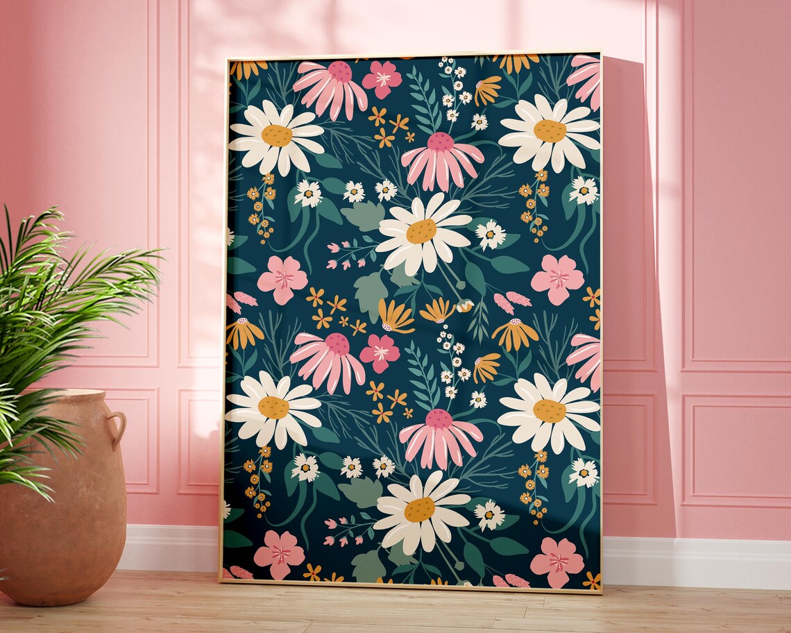 Modern Abstract Daisy Retro Pink Floral Art Print