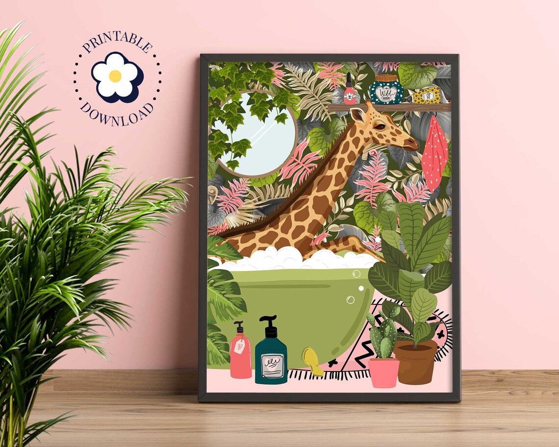 Giraffe In Bath African Animal Art Print, Maximalist