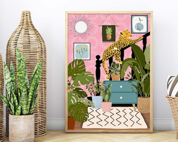 Botanical Banister Stairs Leopard and Plants Art Print
