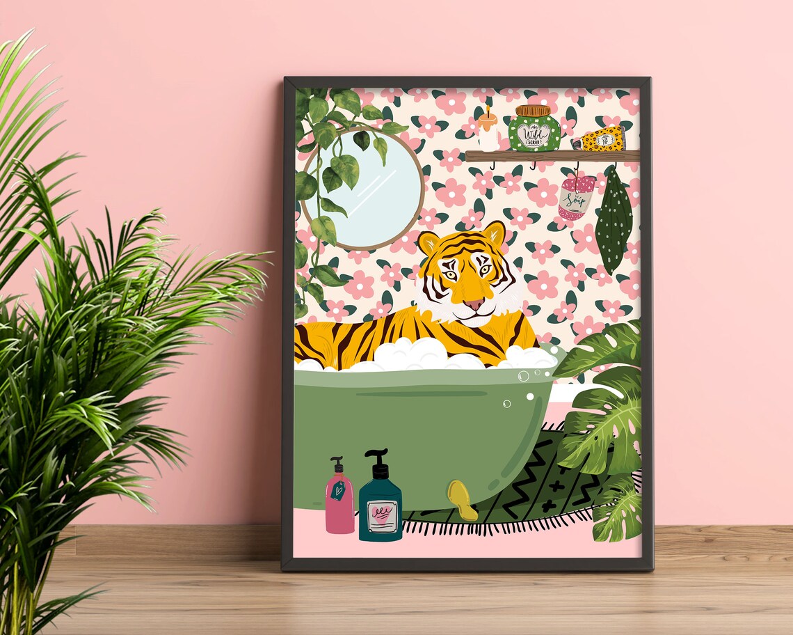 Tiger In Bath, Maximalist Bathroom Art Print
