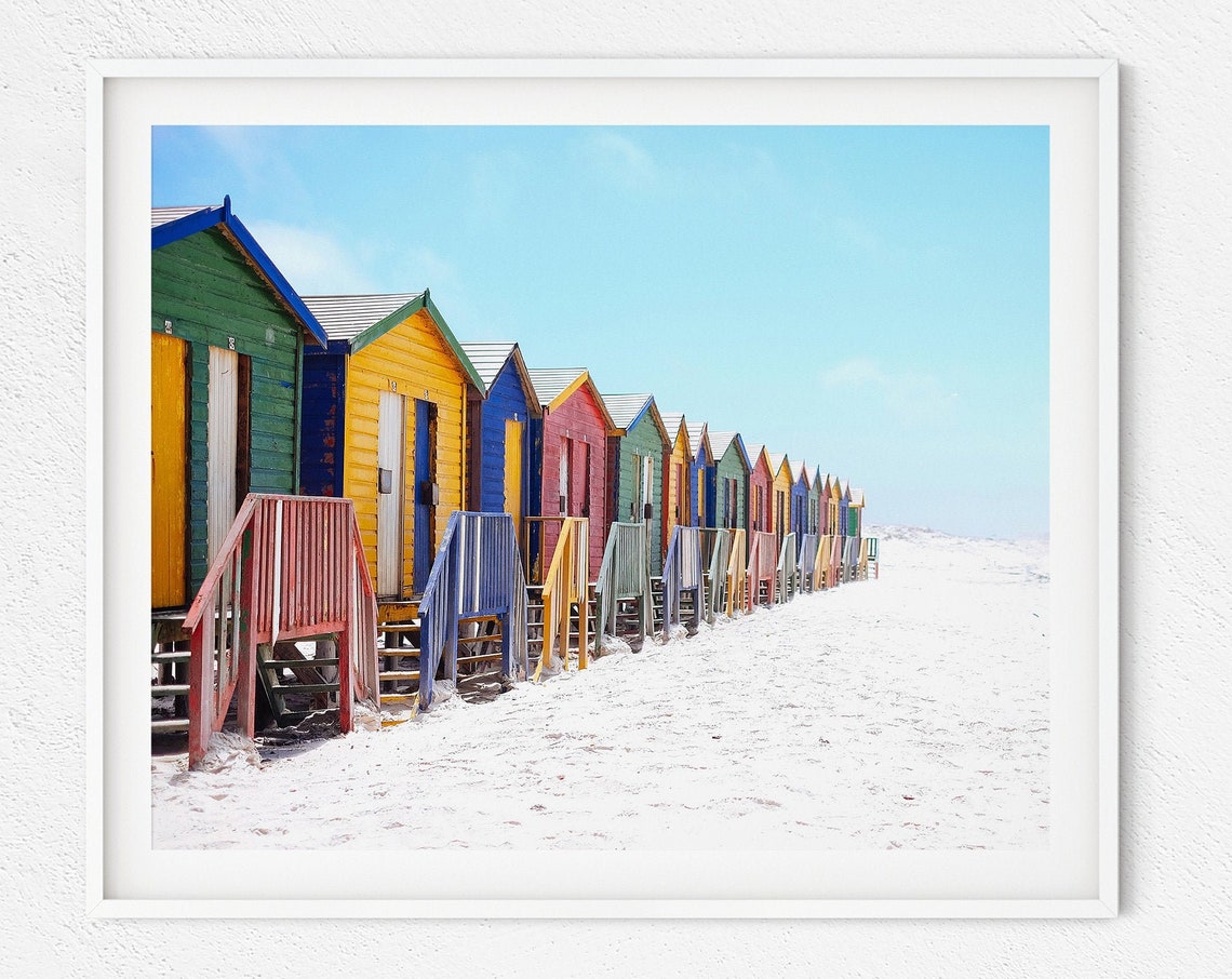 Beach Huts By The Shore Print Beach Wall Decor Beach Print Ocean Print Tropical Aquatic Ocean Print Beach Hut Print