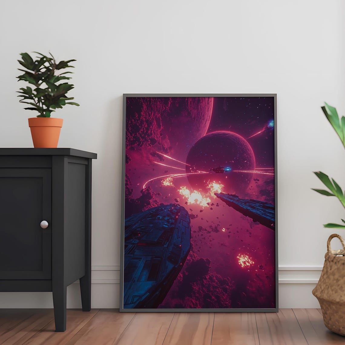 Crimson Nebula Space Battle Spaceship Planet Clash Sci Fi Poster