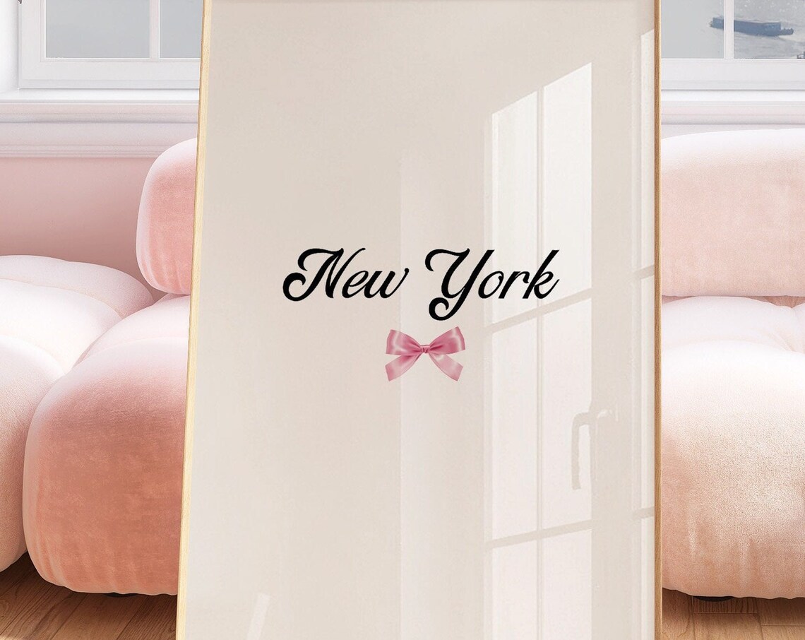 New York Calligraphy Pink Bow Minimalist Coquette Room Poster