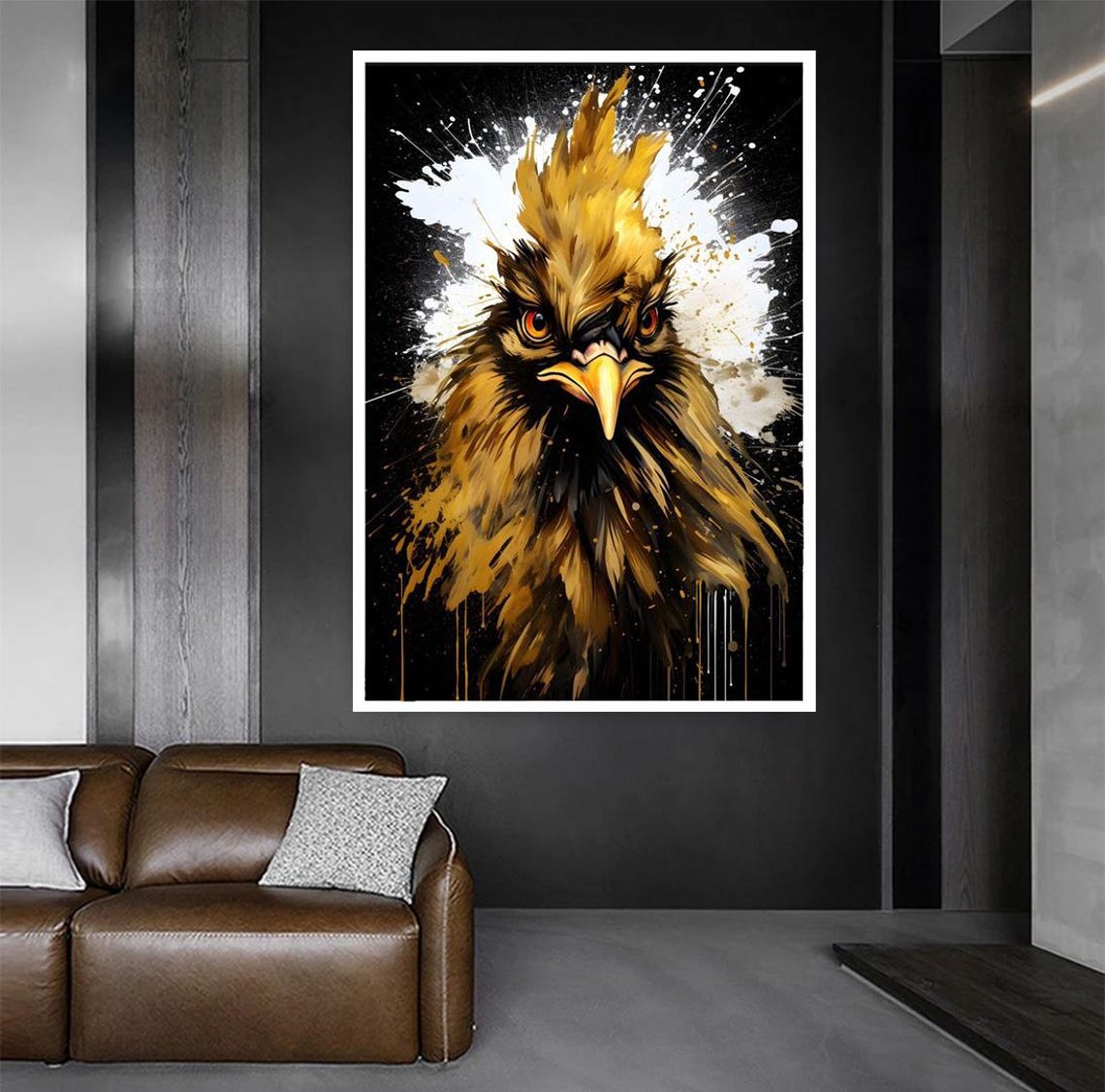 Golden Rooster Close-Up Portrait on Black Paint Splatter Art Poster - Image 2