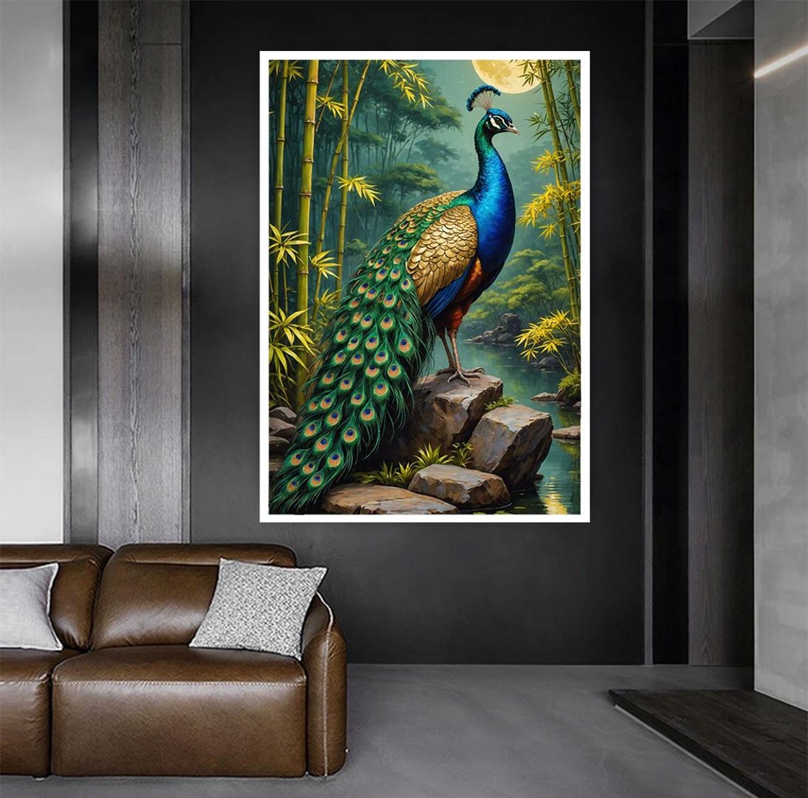 Peacock Standing On Rocks In Bamboo Forest By Moonlit Lake Poster - Image 4