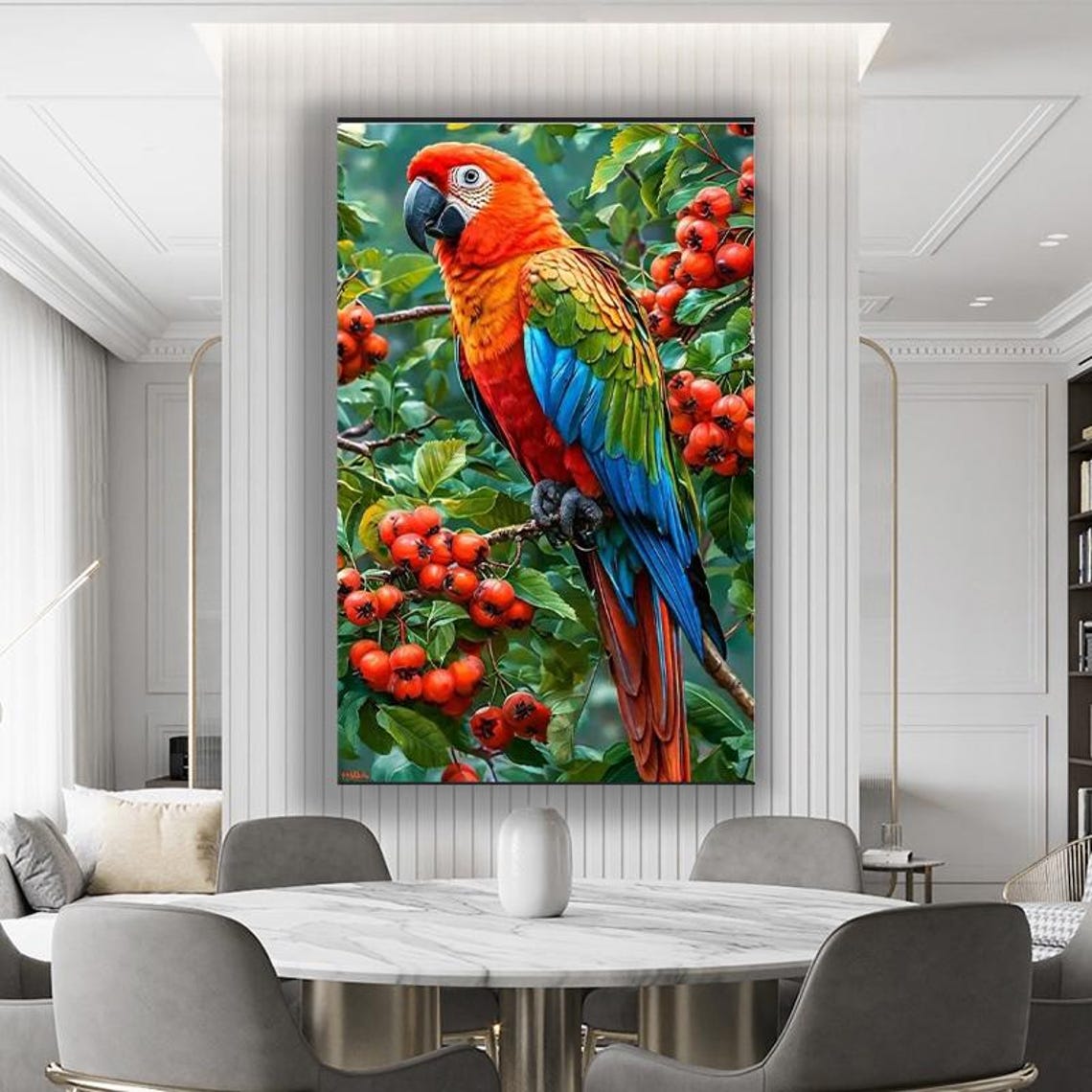 Scarlet Macaw Parrot Perched Among Red Berries Tropical Poster - Image 3