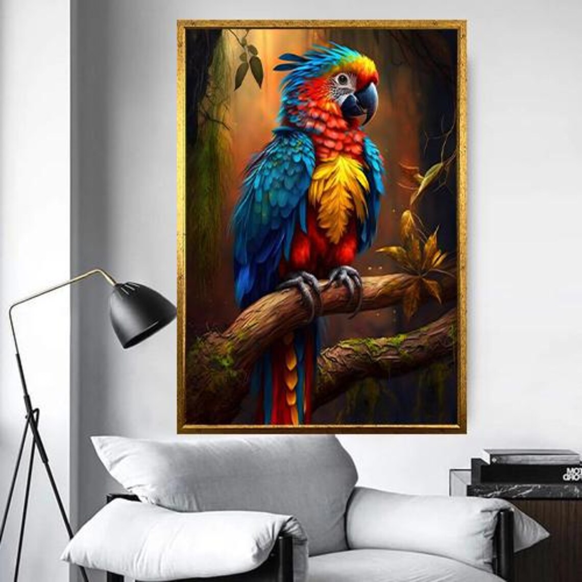 Scarlet Macaw Parrot On Branch In Tropical Jungle Bird Print - Image 5