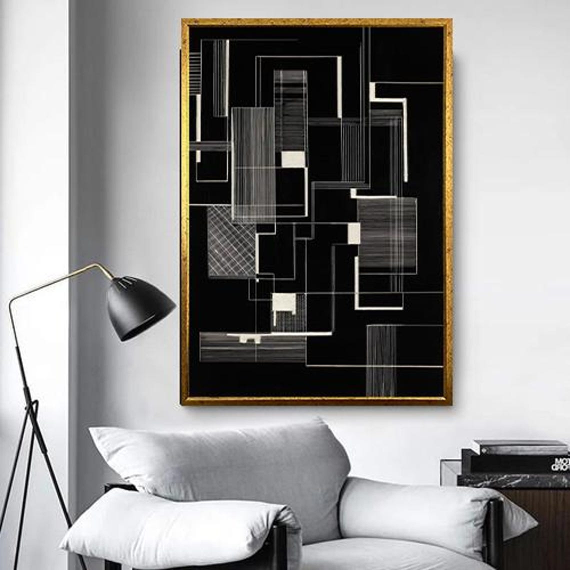 White Architectural Line Drawing on Black Geometric Art Poster - Image 5