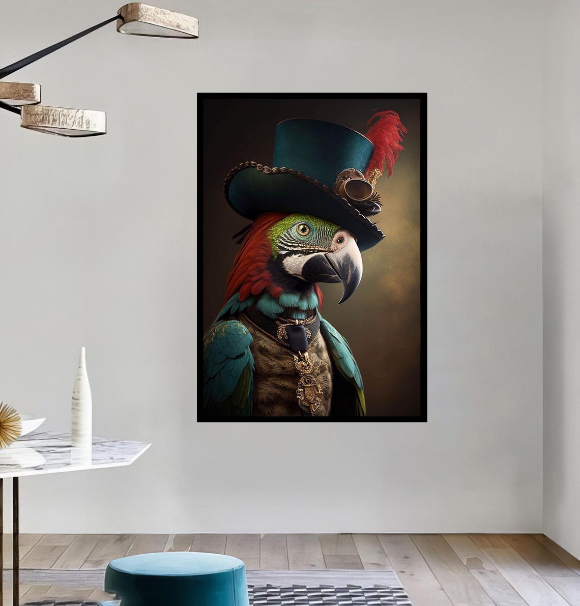 Macaw Parrot in a Steampunk Top Hat With Goggles Portrait Poster - Image 2