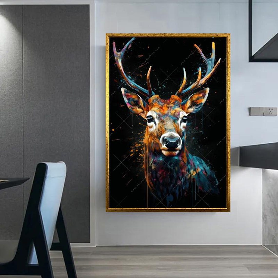 Majestic Stag With Antlers Paint Splash Art On Black Background Poster - Image 5