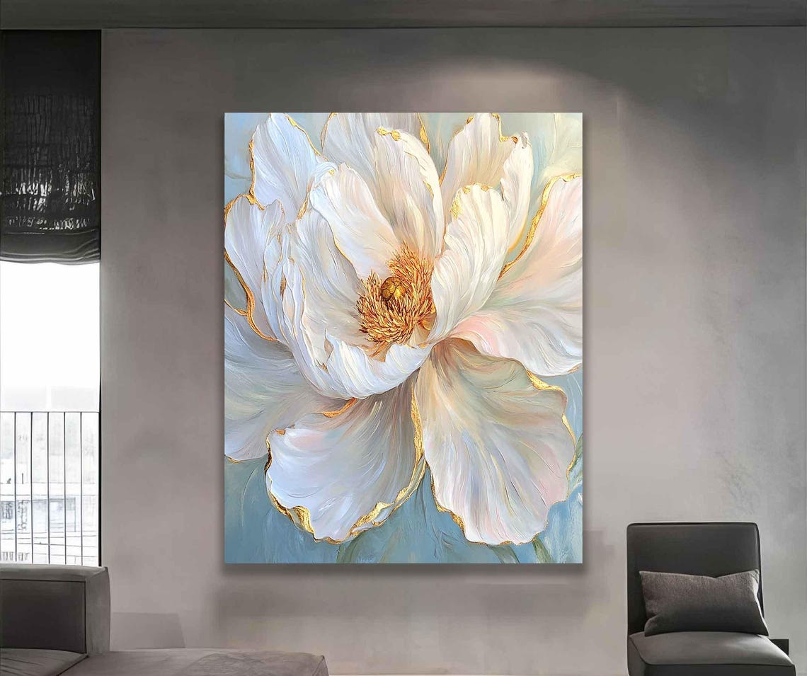 White Peony Blossom with Gold Edges Elegant Floral Art Poster - Image 4