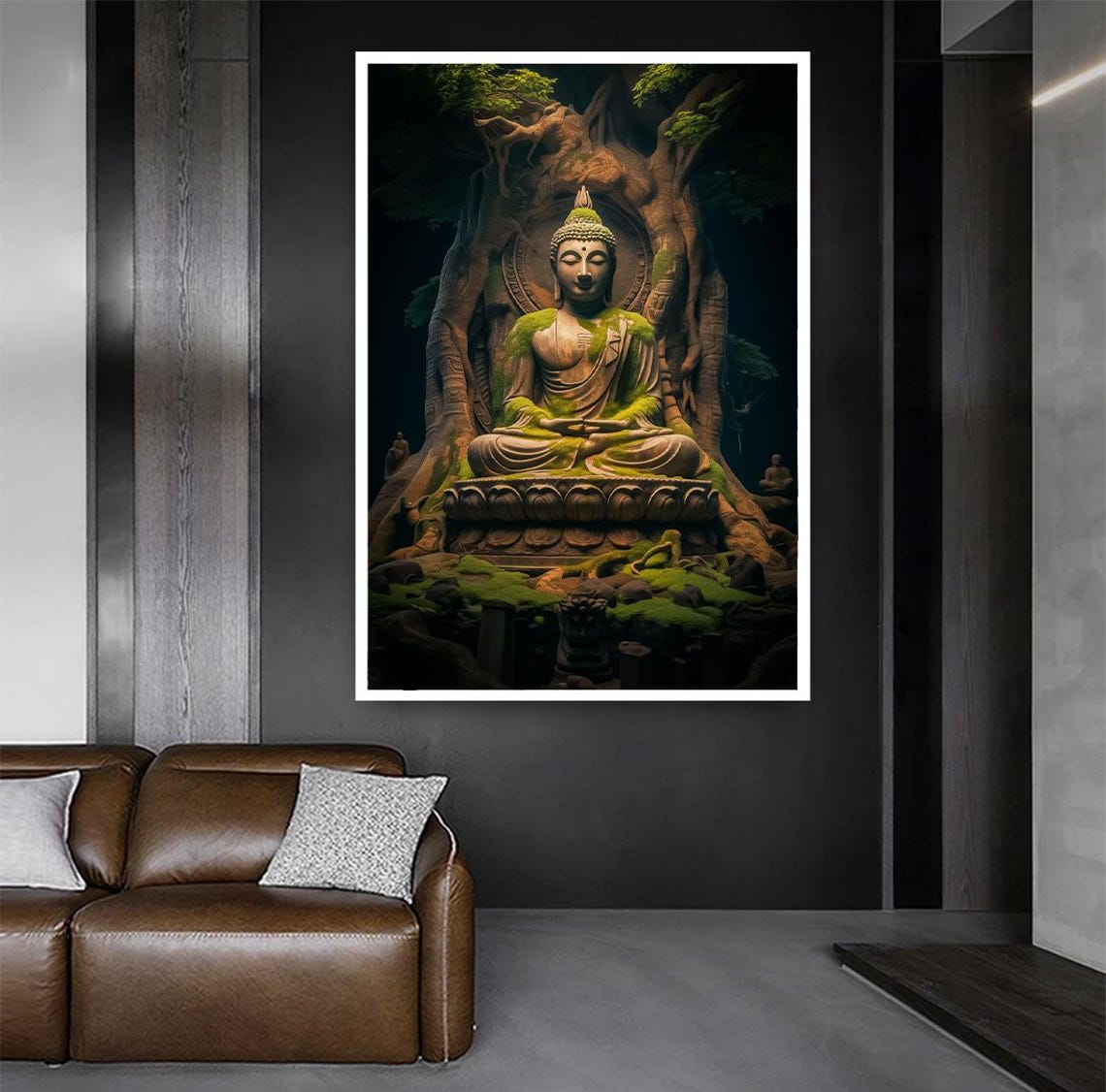 Meditating Buddha Statue Beneath Ancient Tree Roots Zen Art Poster - Image 2