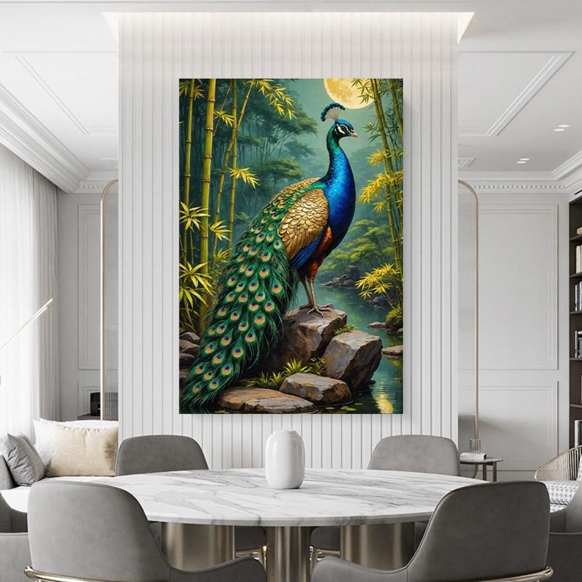 Peacock Standing On Rocks In Bamboo Forest By Moonlit Lake Poster - Image 2