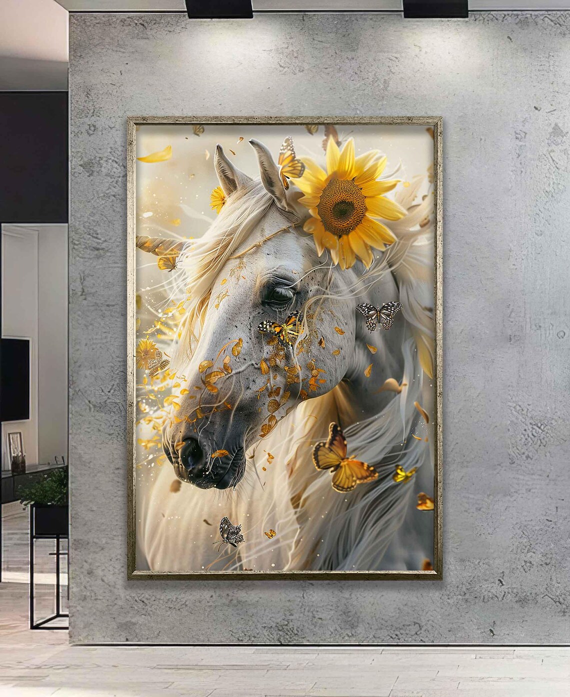 Majestic White Horse Sunflowers Butterflies Elegant Equine Wall Art - Image 5