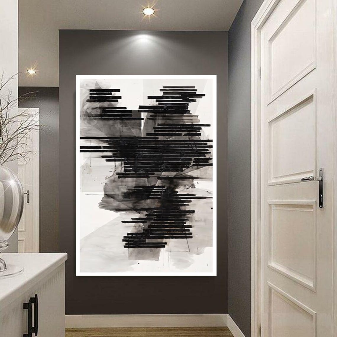 Black and White Horizontal Brushstroke Bars Abstract Art Poster - Image 2