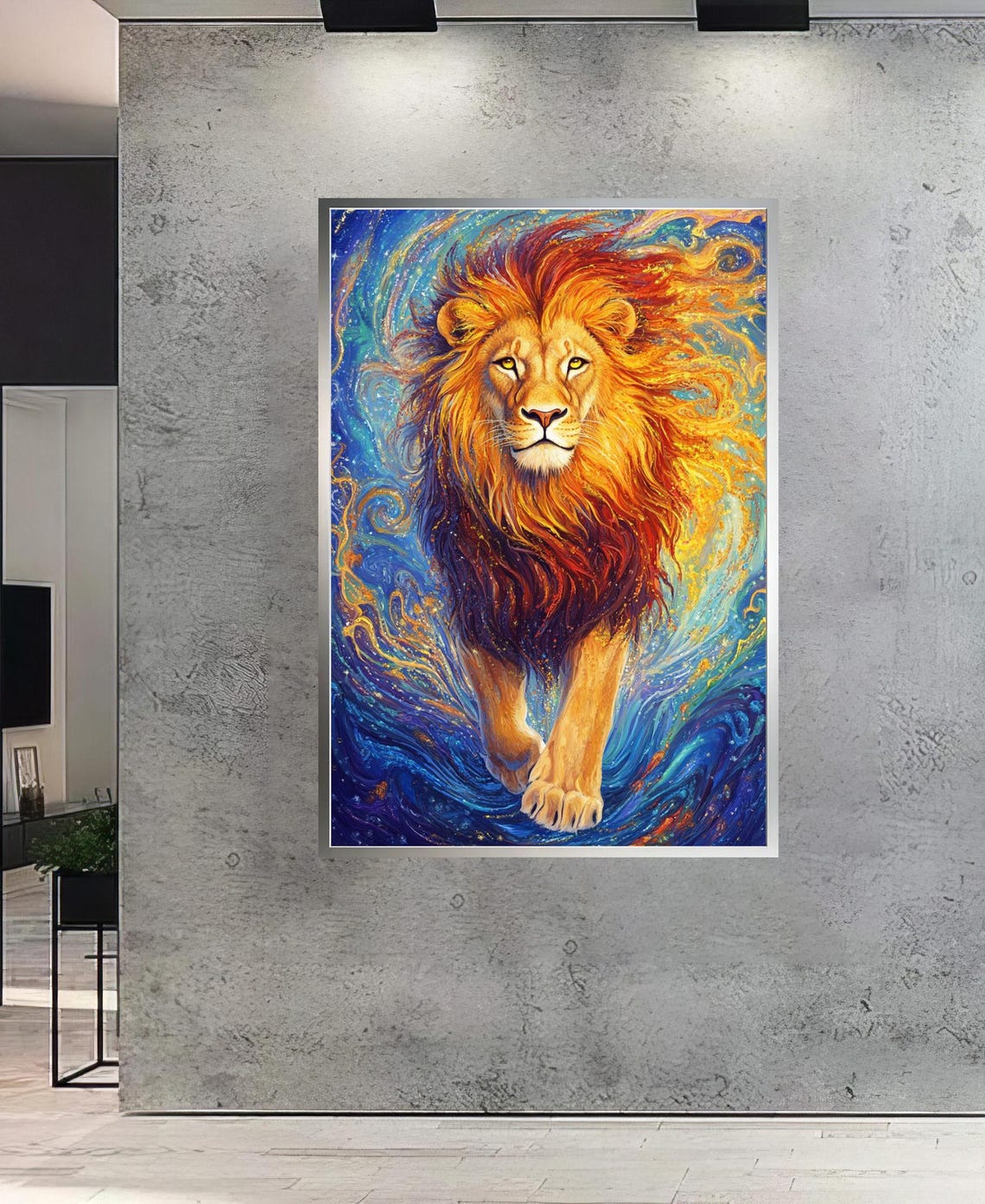 Lion Striding Forward From Swirling Blue and Gold Waves Art Poster - Image 5