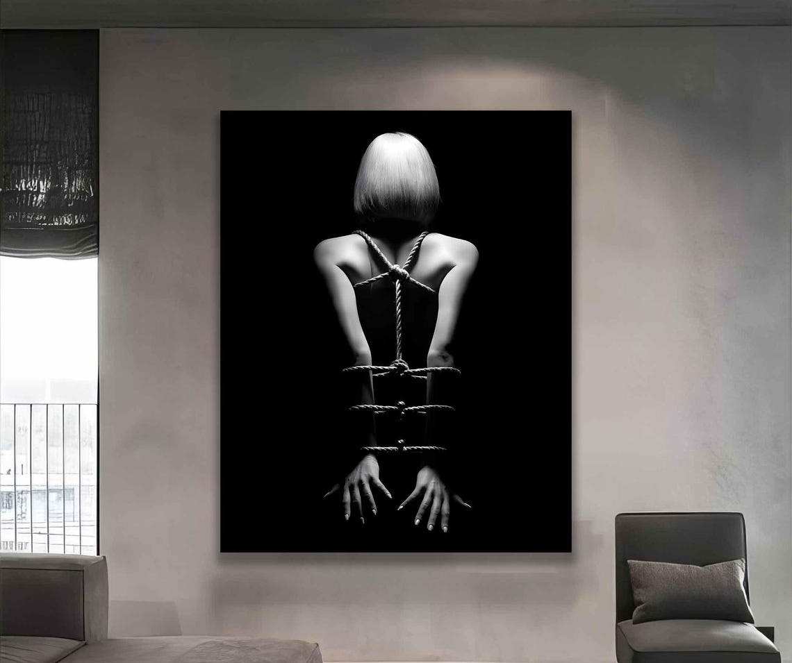 Standing Woman with Bound Arms Black White Shibari Art Poster - Image 4